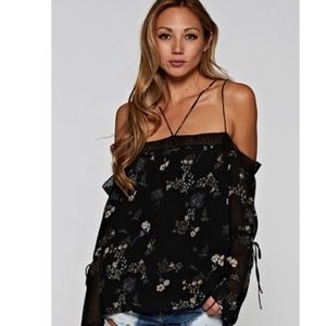 Love Stitch  Black Floral Cold Shoulder Top